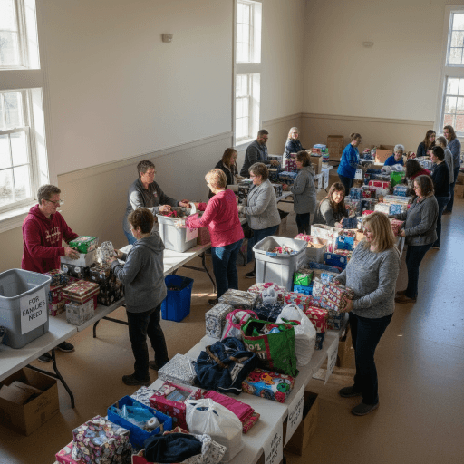 Tables de tri des dons dans une salle municipale